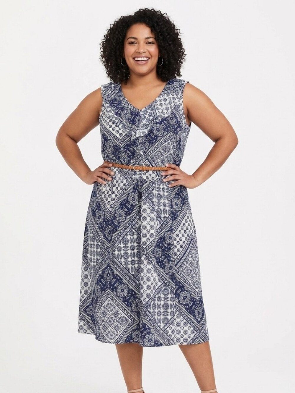 ALYX Plus Size Navy & White Printed Sleeveless V-Neck Midi Dress with Tan Belt
